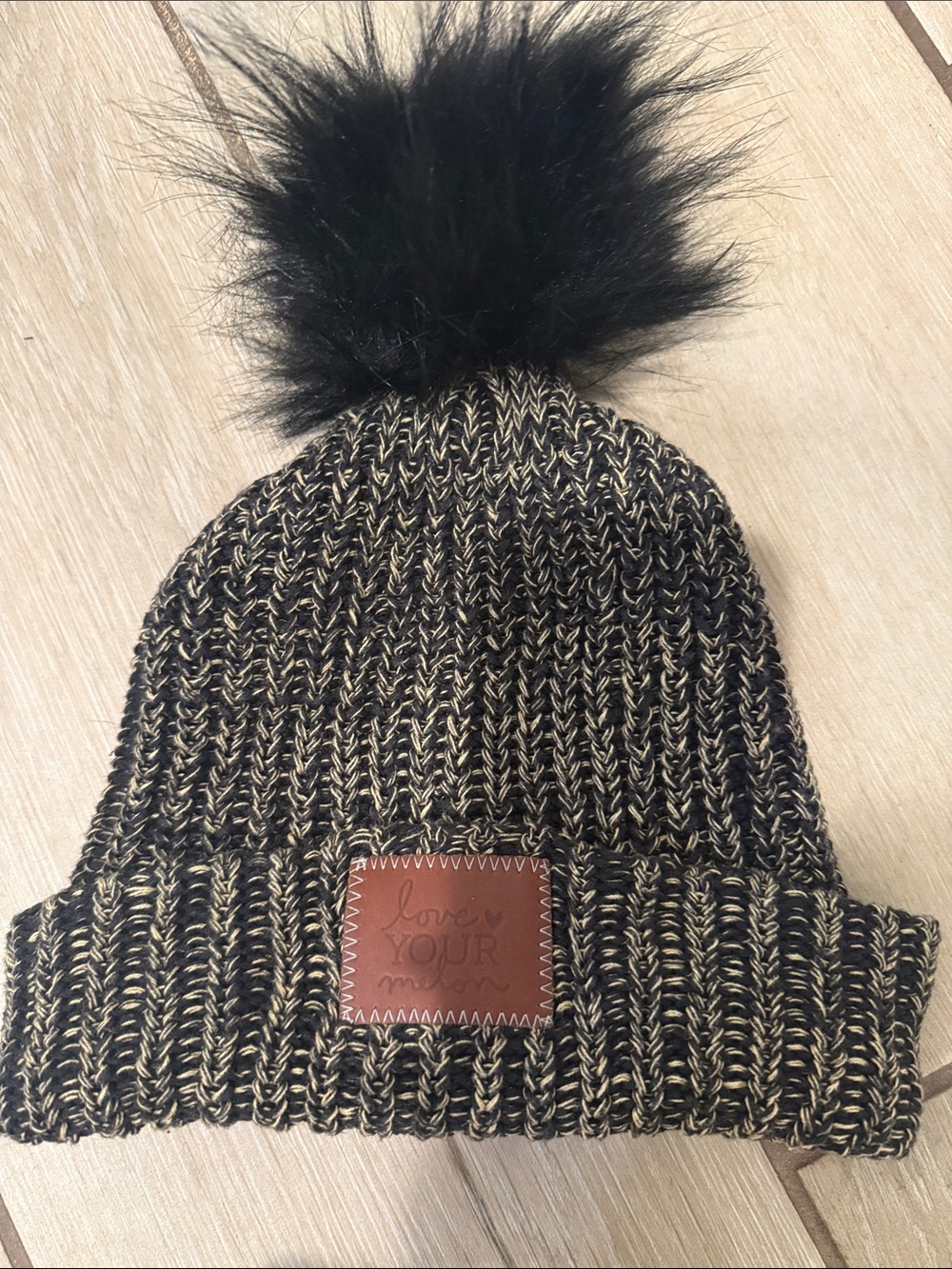 Love Your Melon Kids Black and Gold Knit Pom Beanie